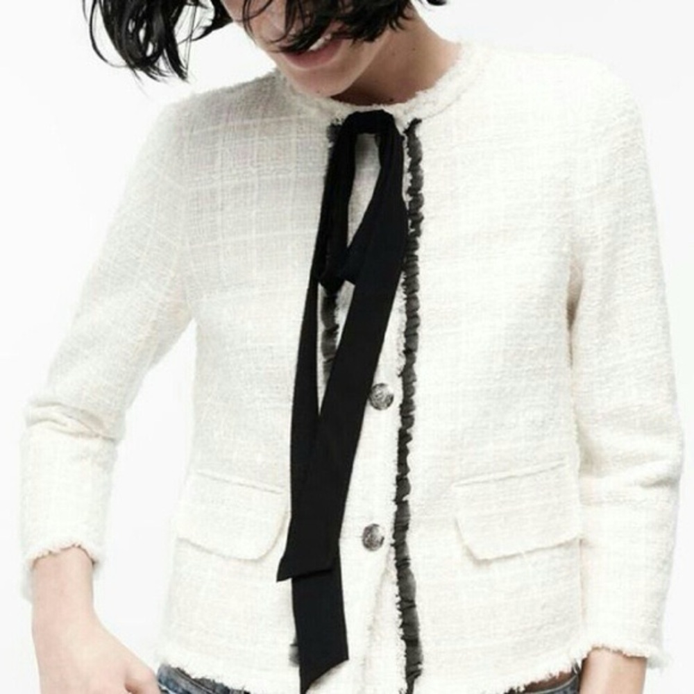 NWT Zara Ecru Tweed Jacket With Ribbon 2240/627/712  Size XS